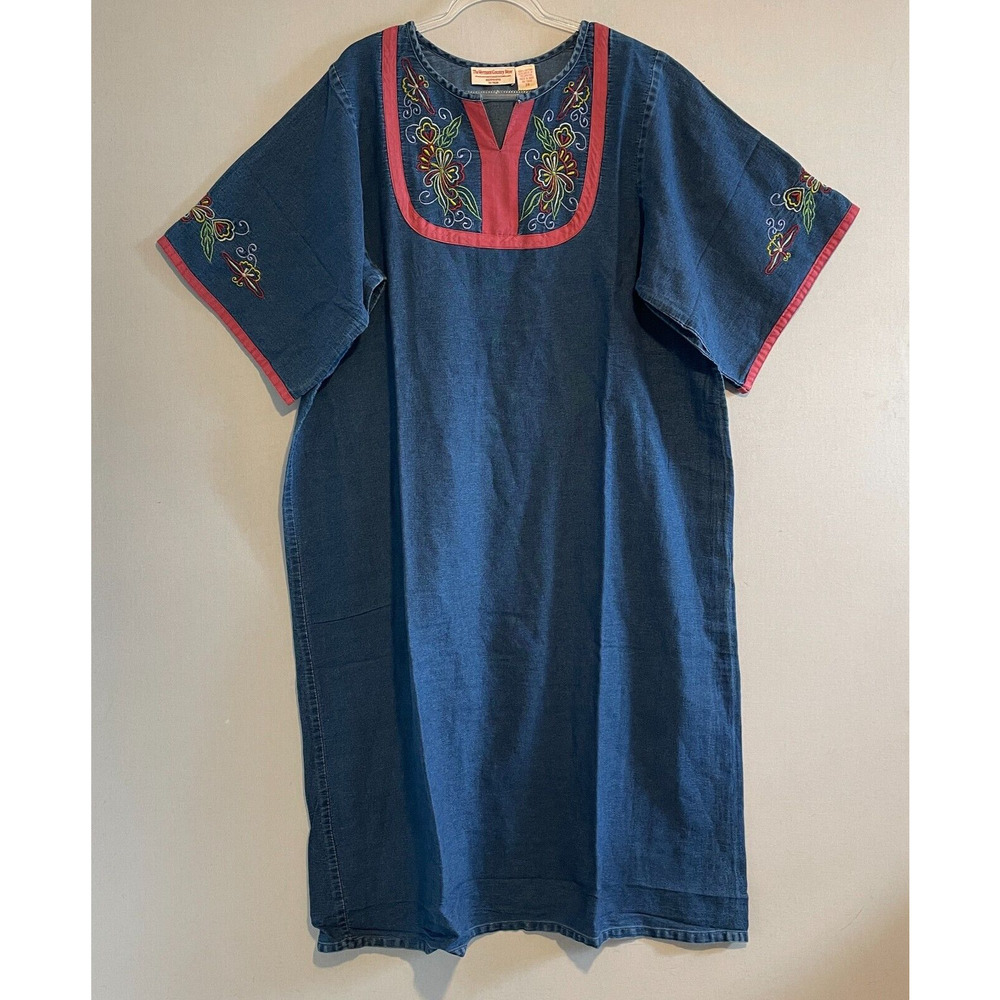 Embroidered Indigo Midi Dress with Pink Trim